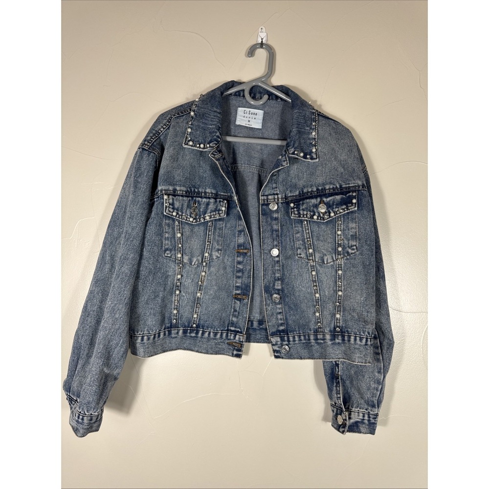 Ci Sono Denim Collection Jean Jacket Women's Medium‎ Distressed Pearls Bling